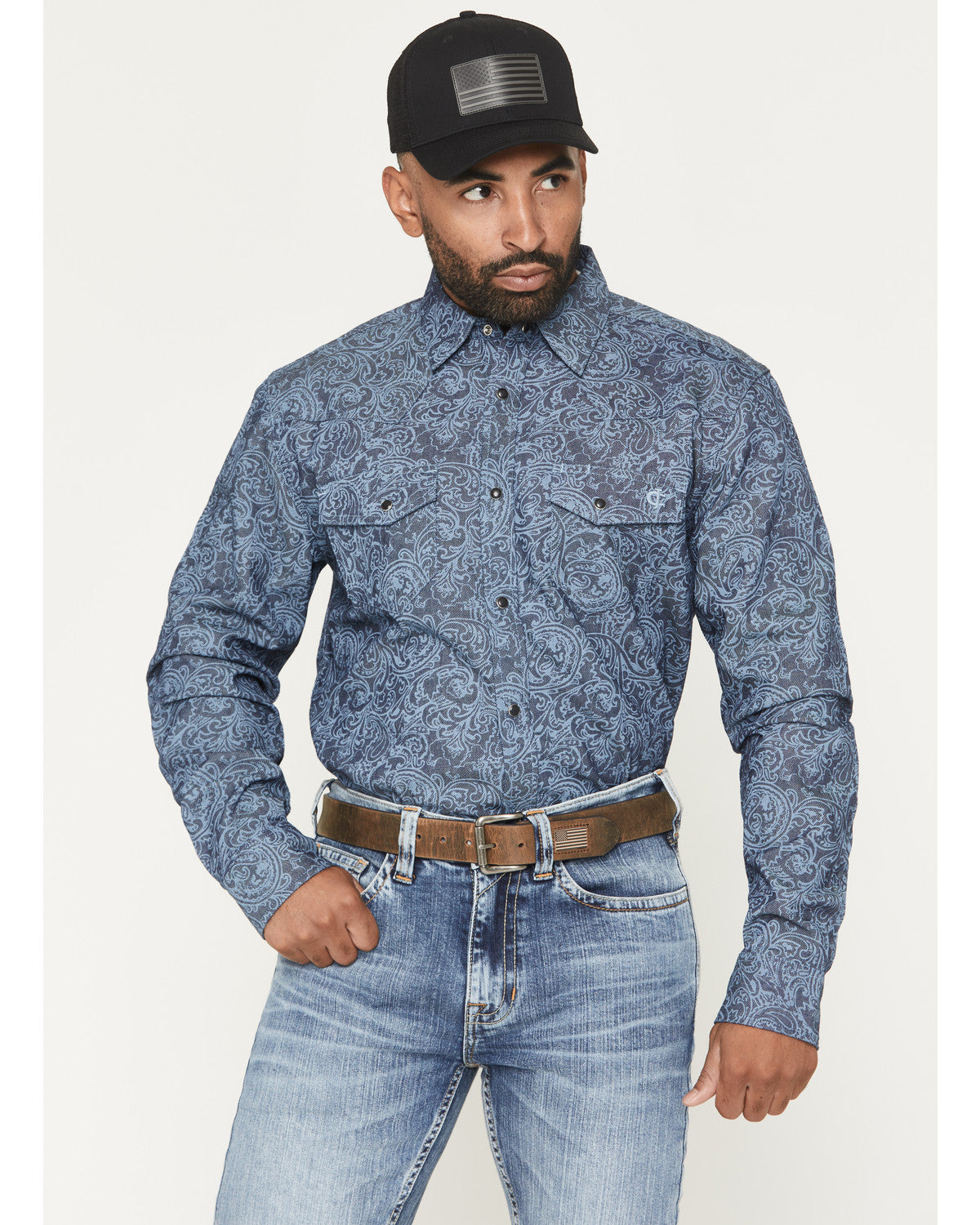 Cody James Men's FR Denim Paisley Long Sleeve Snap Shirt