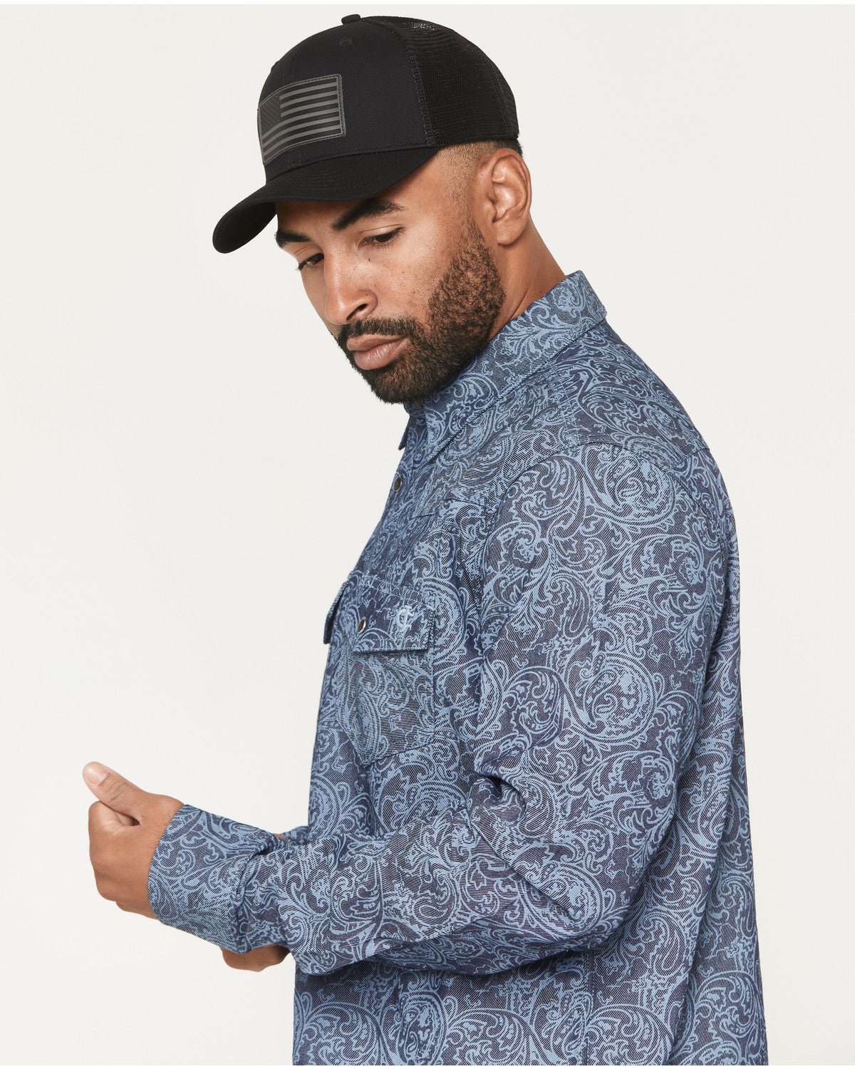 Cody James Men's FR Denim Paisley Long Sleeve Snap Shirt
